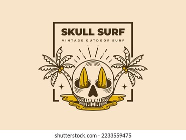 Vintage illustration of a skull with two surfboard and two coconut tree