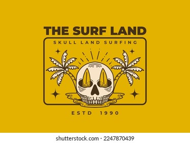 Vintage illustration of a skull with two surfboard and two coconut tree