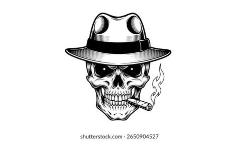 Vintage illustration of a smoking skull wearing a fedora hat