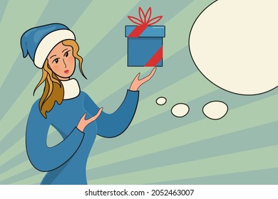 Vintage illustration with a Snow Maiden. A cute snow maiden is holding a gift in her hands, pointing to winter discounts. Vector illustration in pop art style with place for text Postcard banner flyer