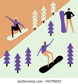 a vintage illustration of snowboarding; a flat retro poster with snowboarders and fir trees; winter sportsmen standing; riding downhill; jumping on snowboards