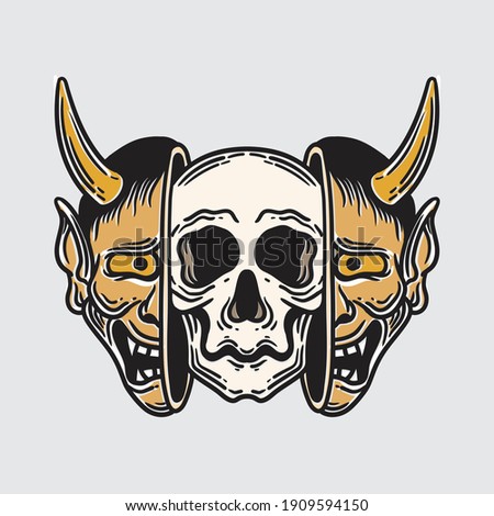 vintage illustration of a split hanya mask with a skull inside