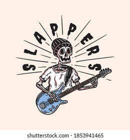 Vintage illustration Spooky Skeleton Playing Bass Guitar