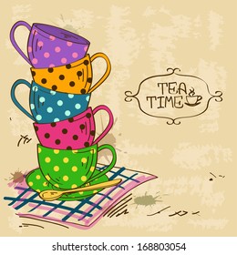 Vintage illustration with stack of colorful polka dot patterned tea cups