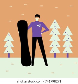 a vintage illustration of a standing man with a snowboard; a flat retro poster with snowboarder and fir trees; cartoon geometric style