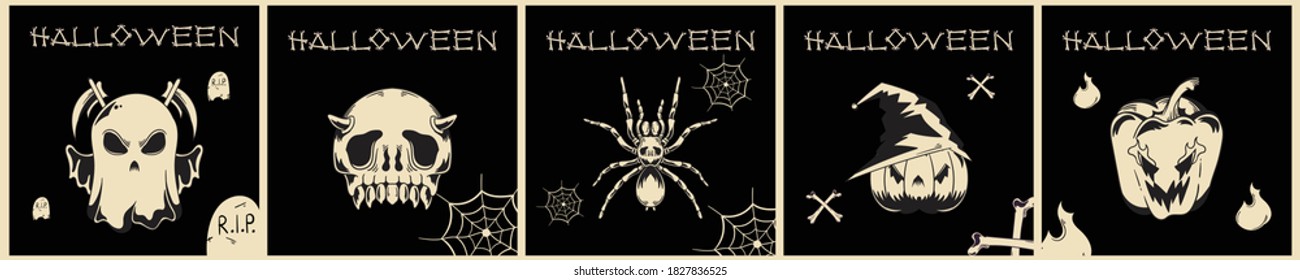 Vintage Illustration Sticker Halloween Sticker Cute Grim Reaper Skull and Bones Spooky Spider Pumpkins Ghost Fire Poster Collection Isolated Design Vector