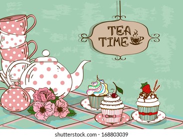 Vintage Illustration With Still Life Of Tea Set And Fancy Cupcakes