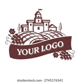 Vintage illustration style of vector drawing of vineyard, wine barrel, castle, grapes and branding