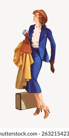 Vintage illustration of a stylish woman in a blue suit and hat, holding a coat and suitcase. Retro fashion, elegant pose, classic style, travel theme. Vintage character art illustration vector.
