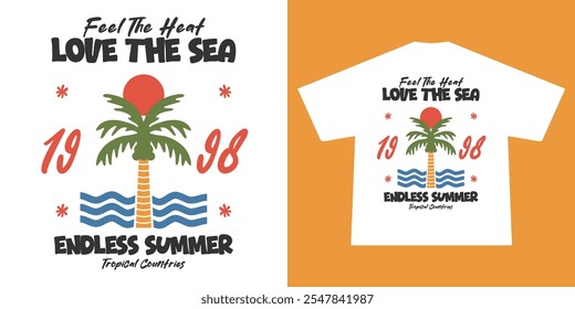 vintage illustration of summer beach. Can be used as Sticker, posters, prints. Retro cartoon style. Vector illustration