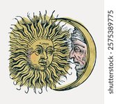 Vintage illustration of a sun and moon face. Sun and moon in celestial art. Sun with rays, moon with a face. Sun and moon in harmony, celestial theme. Vintage illustration isolated on white, vector.