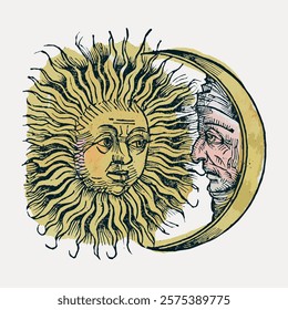 Vintage illustration of a sun and moon face. Sun and moon in celestial art. Sun with rays, moon with a face. Sun and moon in harmony, celestial theme. Vintage illustration isolated on white, vector.