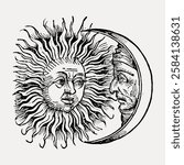 Vintage illustration of the sun and moon with human faces. Sun and moon art in black and white. Sun and moon drawing with intricate details. Vintage art illustration, vector.