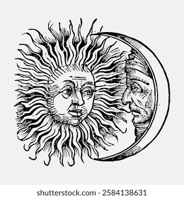 Vintage illustration of the sun and moon with human faces. Sun and moon art in black and white. Sun and moon drawing with intricate details. Vintage art illustration, vector.