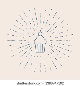 Vintage illustration with sun rays Cup cake icon. Dessert symbol