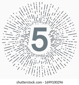 Vintage illustration with sun rays and five numbers icon for website, application, logo and design template.