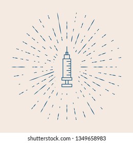 Vintage illustration with sun rays Icon medical syringe with needle. Concept of vaccination, injection