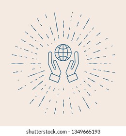 Vintage illustration with sun rays Save earth icon design. Save globe logo