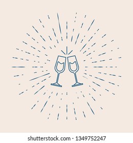 Vintage illustration with sun rays Two glasses of champagne. Alcohol concept