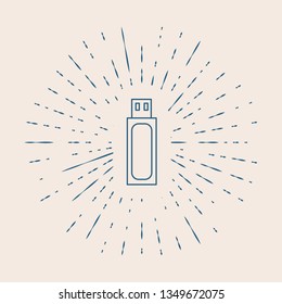 Vintage illustration with sun rays Vector tech icon usb flash drive.