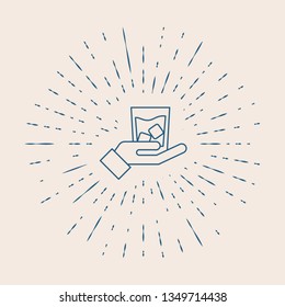 Vintage illustration with sun rays Whiskey in the glass with ice cubes icon.