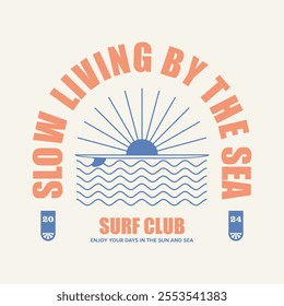 vintage illustration of sun and surf. Can be used as Sticker, posters, prints. Retro cartoon style. Vector illustration