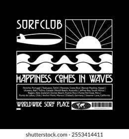 vintage illustration of surf club. Can be used as Sticker, posters, prints. Retro cartoon style. Vector illustration