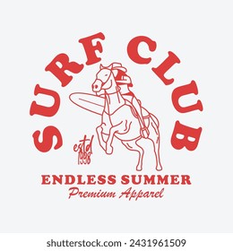 Vintage illustration of Surf club, cowboy surf vector t shirt design, vector graphic, typographic poster or tshirts street wear and Urban style