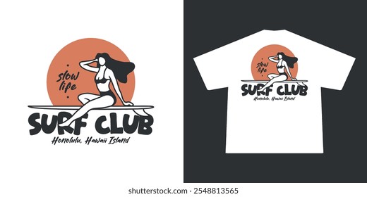 vintage illustration of surf club, summer beach. Can be used as Sticker, posters, prints. Retro cartoon style. Vector illustration