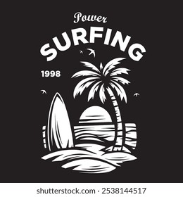 Ilustração vintage de prancha de surfe com coqueiro na praia para roupas e design de logotipo