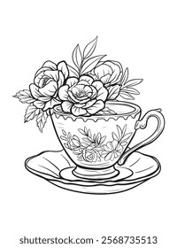 Vintage illustration, tea cup and saucer, rose flower arrangement, lai-art, vector, image isolated black on white background