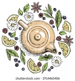 Vintage illustration with a teapot, tea leaves, lemon slices and chamomile flowers. Hand drawn sketches engraving style. A collection of colored isolated objects in the shape of a circle. Top view