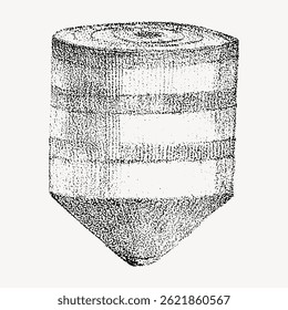 Vintage illustration of a textured cylinder with a stippled effect. The cylinder has a dotted, textured appearance, showcasing a classic, vintage style. Vintage illustration vector.