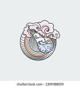 Vintage illustration of thin line magic bulb with ocean. Vector graphic design logo, print, label, badge, sticker, emblem, sign, identity.