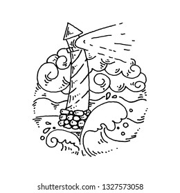 Vintage illustration of thin line sea beacon icon. Vector bird graphic design logo, print, label, badge, sticker, emblem, sign, identity.