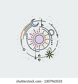 Vintage illustration of thin line sun of sacred. Vector graphic design logo, print, label, badge, sticker, emblem, sign, identity.