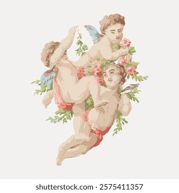 Vintage illustration of three cherubs with wings, surrounded by flowers and leaves. The cherubs are depicted in a classic, artistic style. Vintage art drawing illustration, old painting vector.