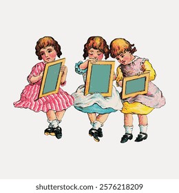 Vintage illustration of three children holding frames. The children, wearing colorful dresses, are depicted in a playful, nostalgic style. Isolated vintage art illustration, vector element.