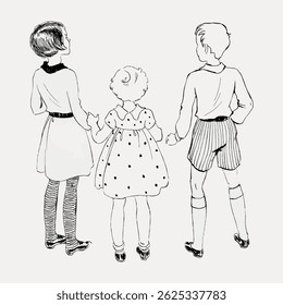 Vintage illustration of three children, two girls and one boy, holding hands. The children wear retro clothing, including dresses and shorts, in a classic style. Vintage art illustration vector.