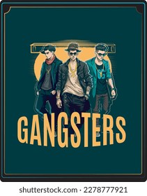 Ilustración vintage de tres gángsters: Este diseño ilustrativo captura el estilo moderno de tres gangsters de la era de la prohibición con un giro vintage, ilustración vectorial Gangsters.