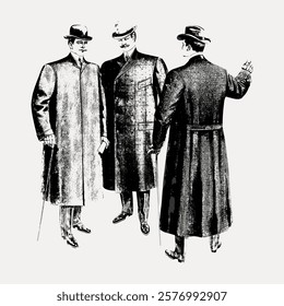 Vintage illustration of three men in long coats and hats. Retro fashion with men in formal attire. Classic style with men in coats and hats. Isolated vintage art illustration, vector element.