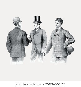 Vintage illustration of three men in Victorian-era suits and hats. Classic Victorian fashion with suits and hats. Elegant Victorian style attire. Vintage illustration isolated on white, vector.