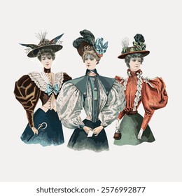 Vintage illustration of three women in Victorian fashion, showcasing elaborate hats and puffed sleeves. Victorian style, women, and fashion are highlighted. Vintage illustration isolated, vector.