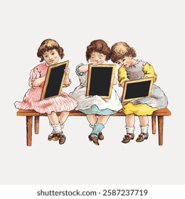 Vintage illustration of three young girls sitting on a bench, each holding a small chalkboard. The girls wear colorful dresses and have curly hair. Vintage art illustration, vector.