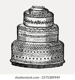 Vintage illustration of a tiered cake. Detailed cake design with intricate patterns. Classic cake art, showcasing elegant cake decoration and vintage style. Vintage style art, isolated vector.