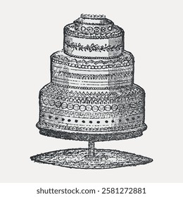 Vintage illustration of a tiered cake with intricate patterns. Detailed cake design, tiered cake, vintage cake art.