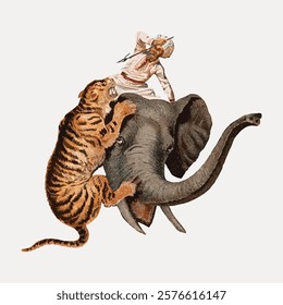 Vintage illustration of a tiger attacking an elephant with a man in traditional attire. The tiger, elephant, and man create a dramatic scene. Vintage art drawing, isolated vector element.