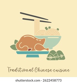 Vintage Illustration of traditional Chinese cuisine. Peking duck, noodles, zongzi. Flat vector Illustration