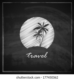 vintage illustration with tropic island sign on blackboard background. travel concept