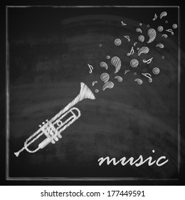 vintage illustration with trumpet on blackboard background. music illustration